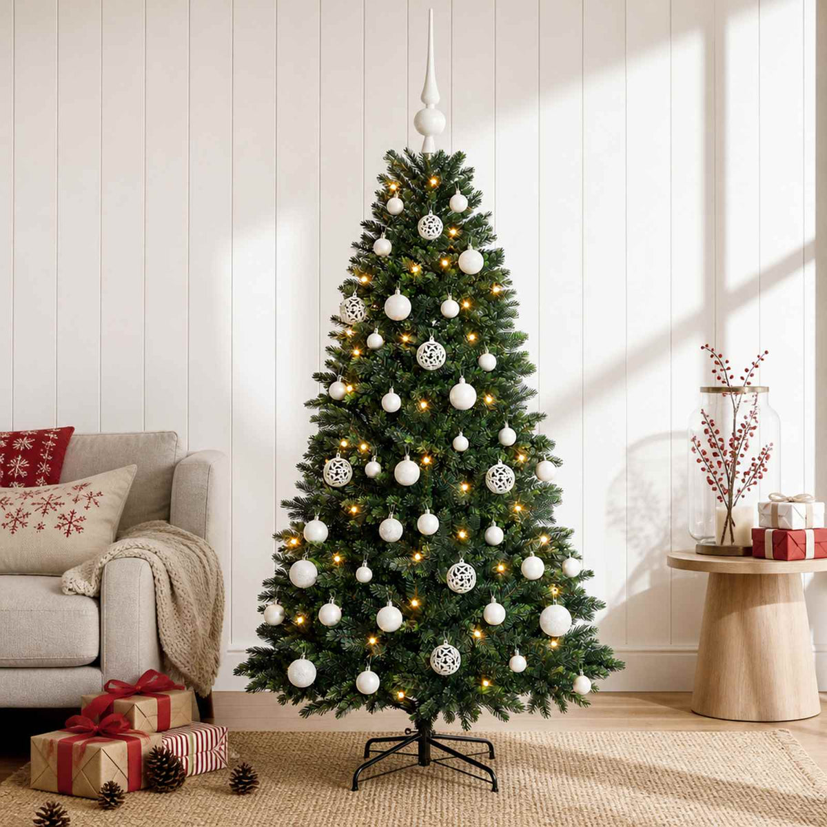 Artificial Christmas Tree with Bauble 150 LEDs 150 cm with LEDs & white balls