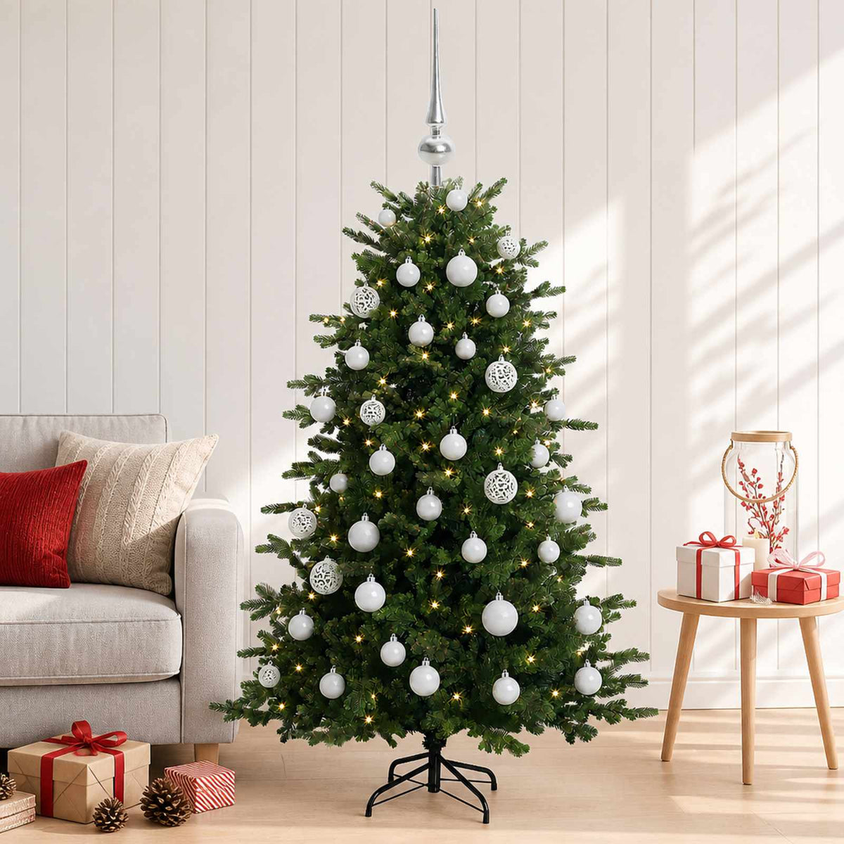 Artificial Christmas Tree with Bauble 150 LEDs 150 cm with LEDs & white balls
