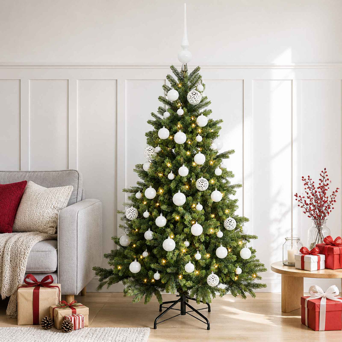 Artificial Christmas Tree with Bauble 150 LEDs 150 cm with LEDs & white balls
