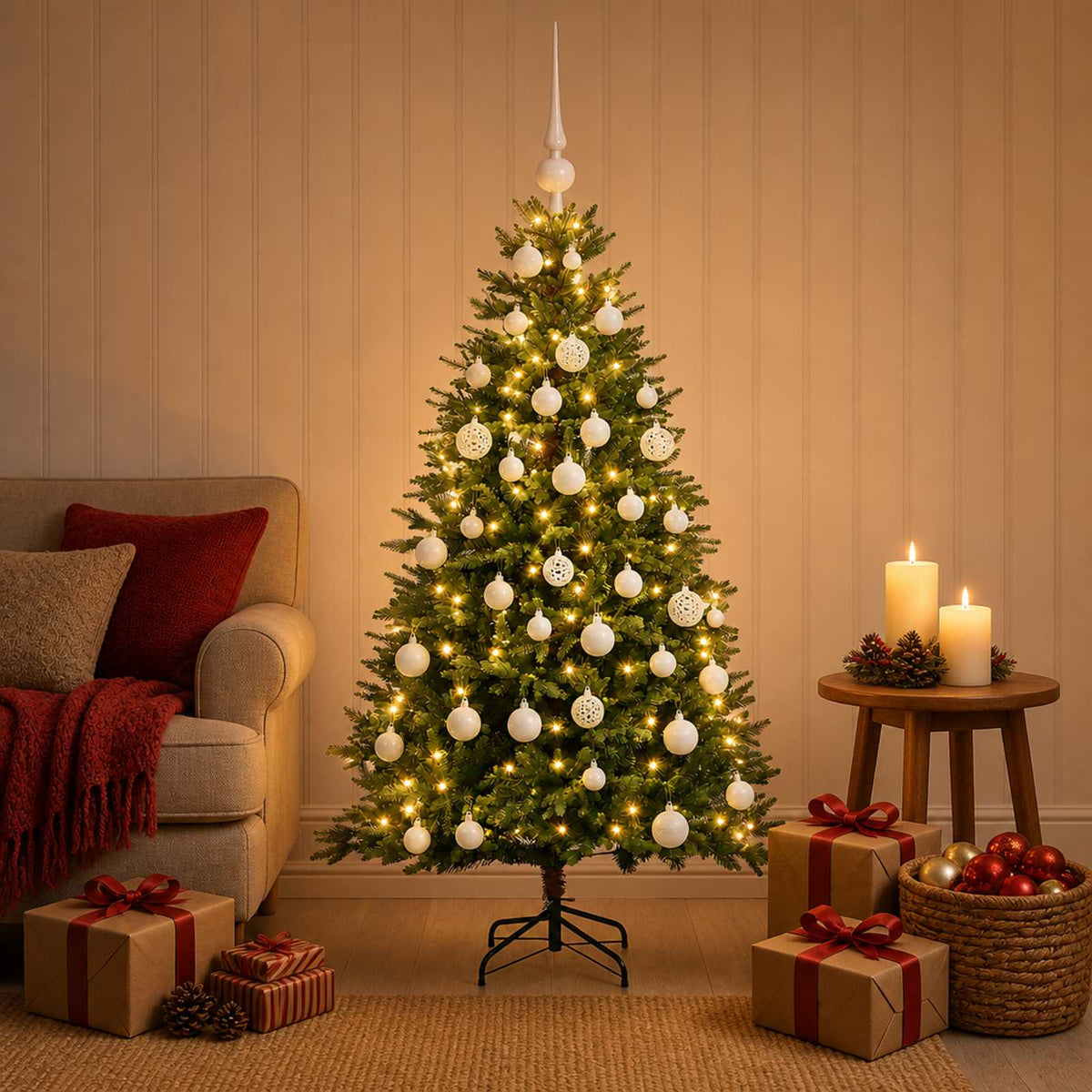 Artificial Christmas Tree with Bauble 150 LEDs Green 120 cm with LEDs & white balls