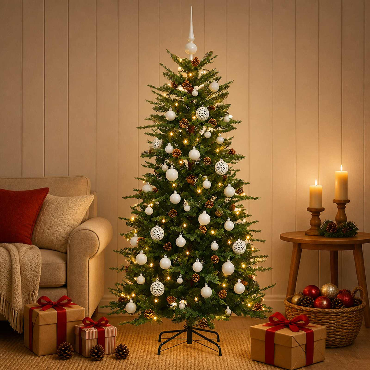 Artificial Hinged Christmas Tree 150 LEDs Warm White Green 120 cm with LEDs & white balls