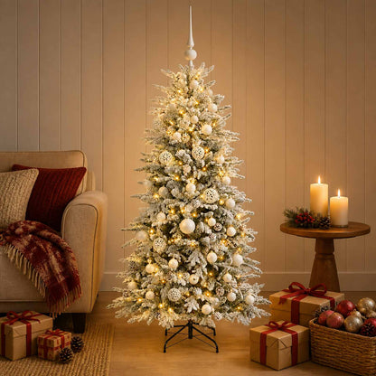 Artificial Hinged Christmas Tree 150 LEDs Warm White Green and White 120 cm with LEDs & white balls