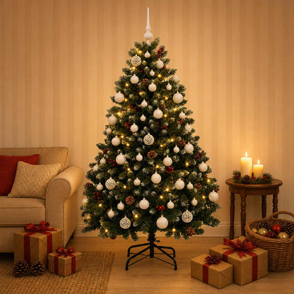 Artificial Christmas Tree Green with Bauble 150 cm 150 LEDs Green with Frosted Tips Ø 80 x 150 cm with 150 LEDs&white balls