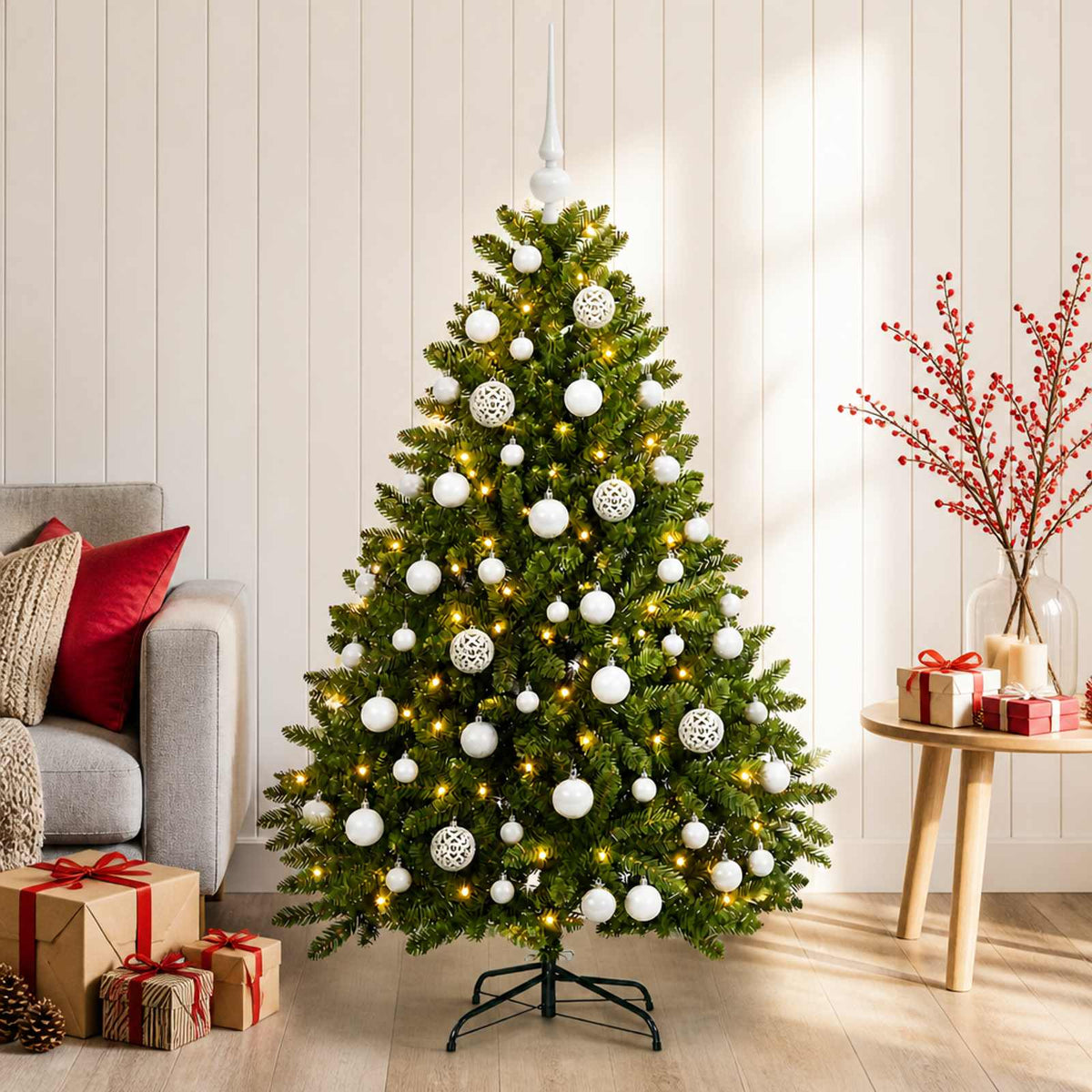 Artificial Christmas Tree with Bauble 120 cm Light Green Ø 88 x 120 cm with 150 LEDs&white balls