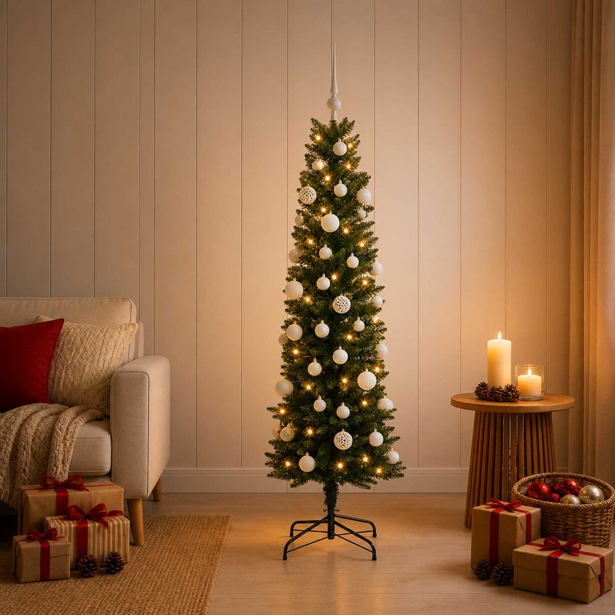 Artificial Slim Christmas Tree with Bauble 150 LEDs Green 150 cm with LEDs & white balls