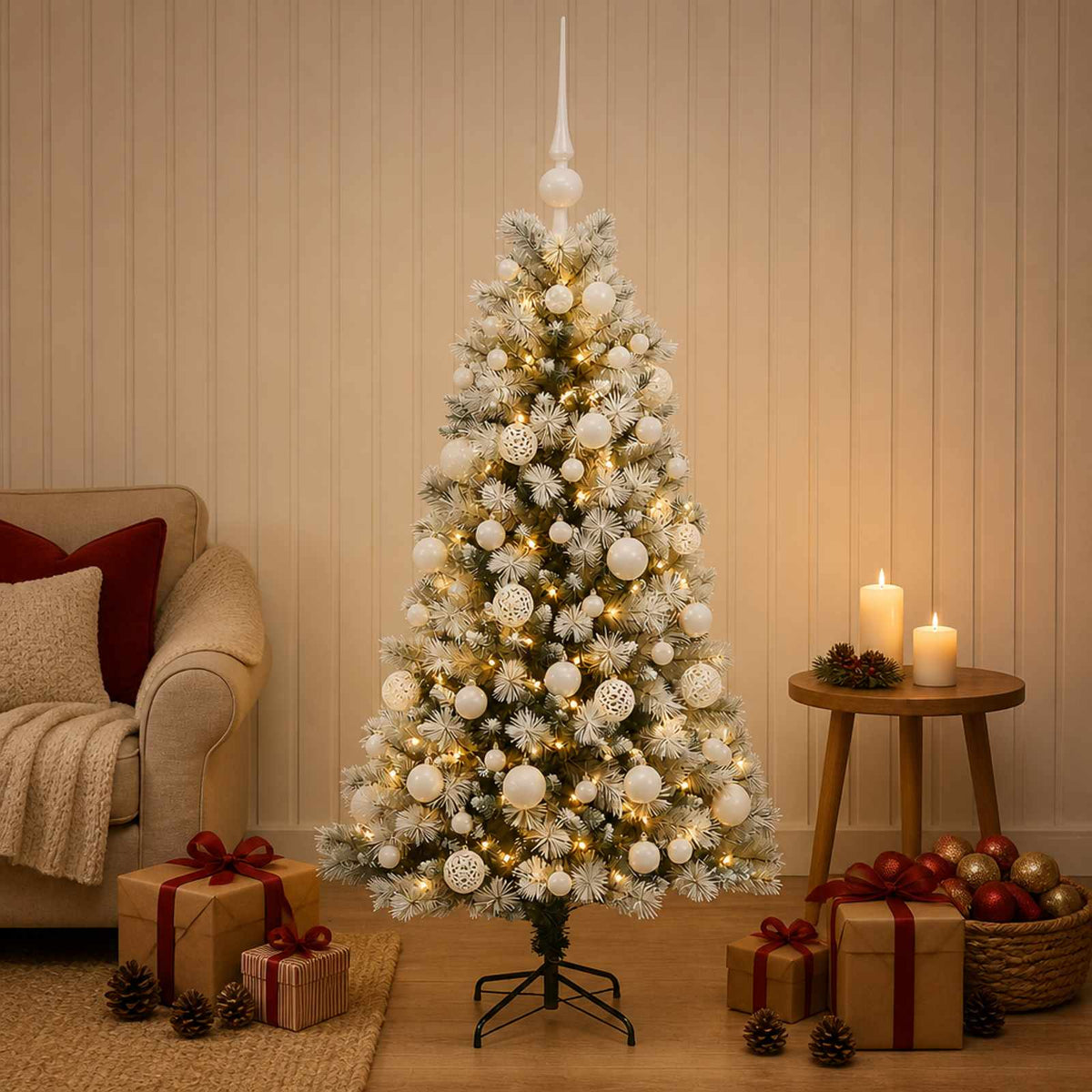 Artificial Hinged Christmas Tree with Baubles 150 LEDs 120 cm with LEDs & white balls