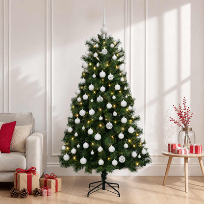 Artificial Hinged Christmas Tree with Baubles 150 LEDs Green 150 cm with LEDs & white balls