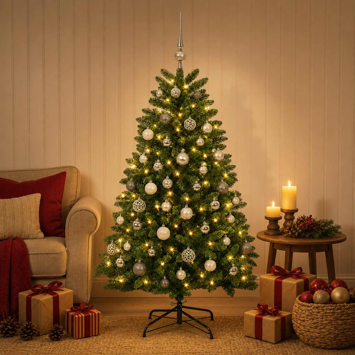 vidaXL Artificial Christmas Tree Mid-green with Bauble 150 cm 150 LEDs 3
