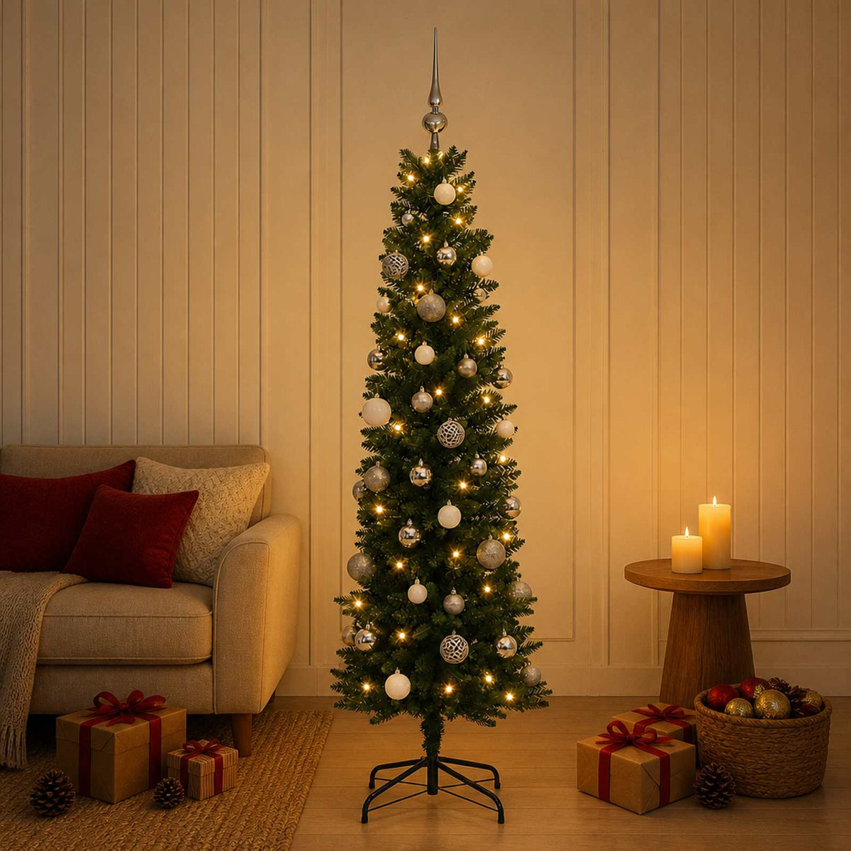 vidaXL Artificial Slim Christmas Tree with Baubles 120 cm 150 LEDs 1