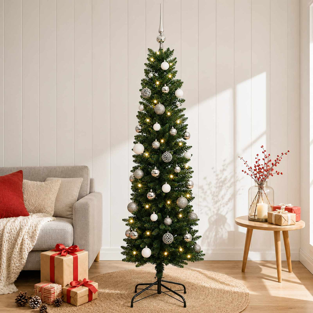 vidaXL Artificial Slim Christmas Tree with Baubles 150 cm 150 LEDs 3