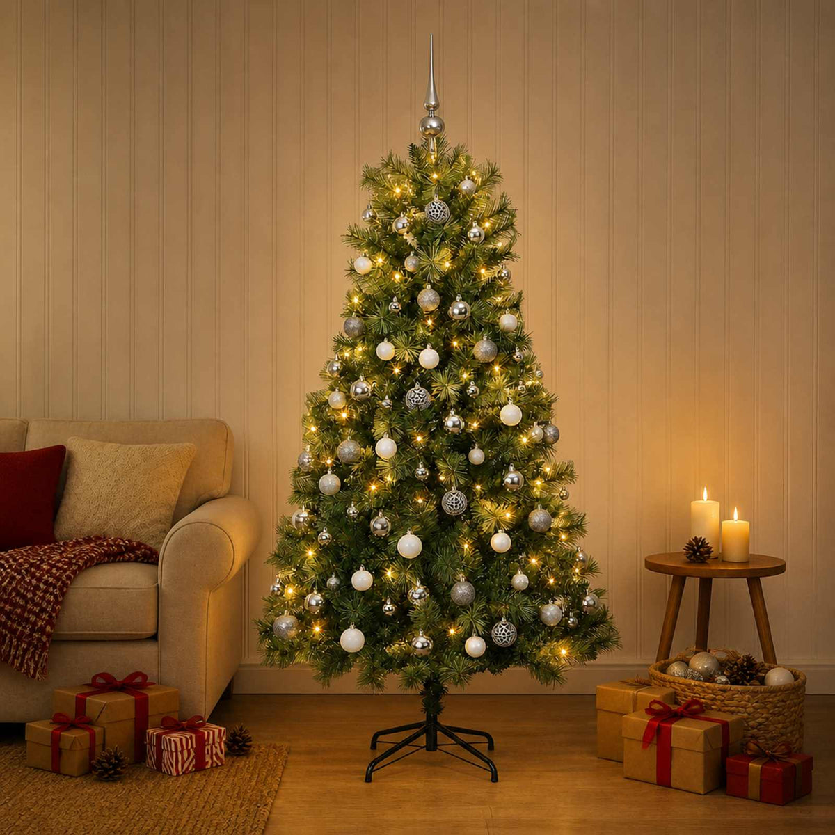 vidaXL Artificial Hinged Christmas Tree with Baubles 150 cm 150 LEDs 1