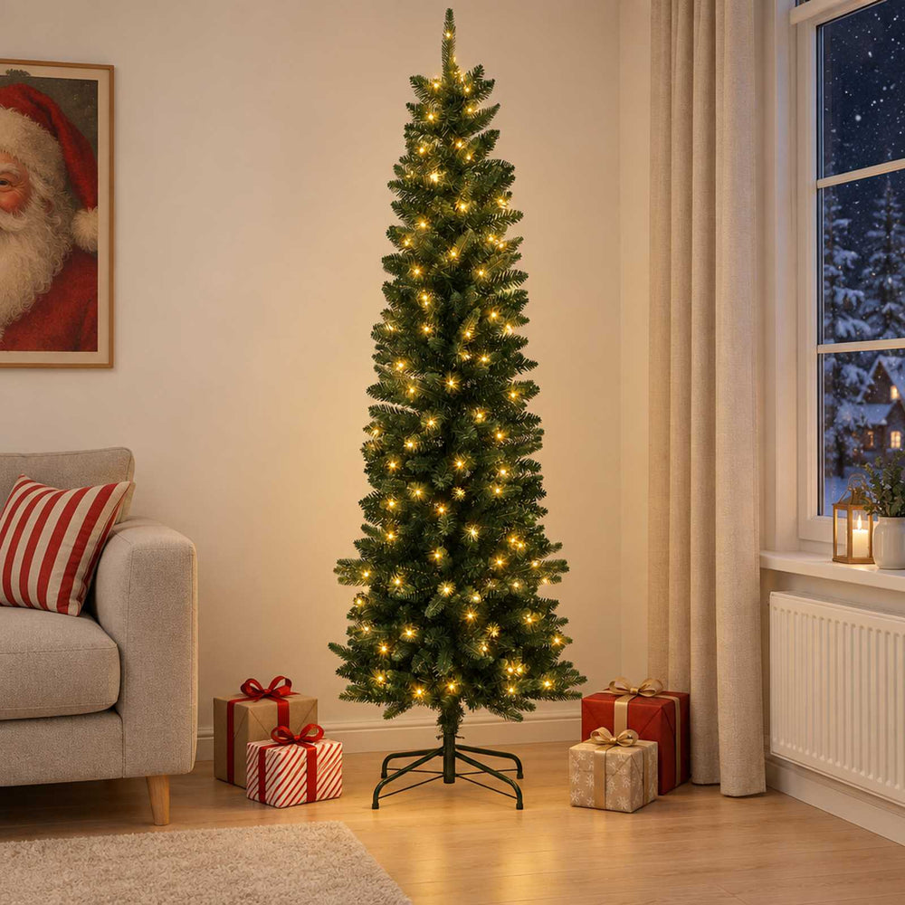 vidaXL Artificial Slim Christmas Tree with Bauble 300 LEDs Green 210 cm