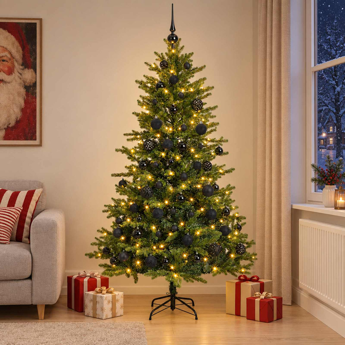 Artificial Christmas Tree Bauble LEDs Green Height black balls