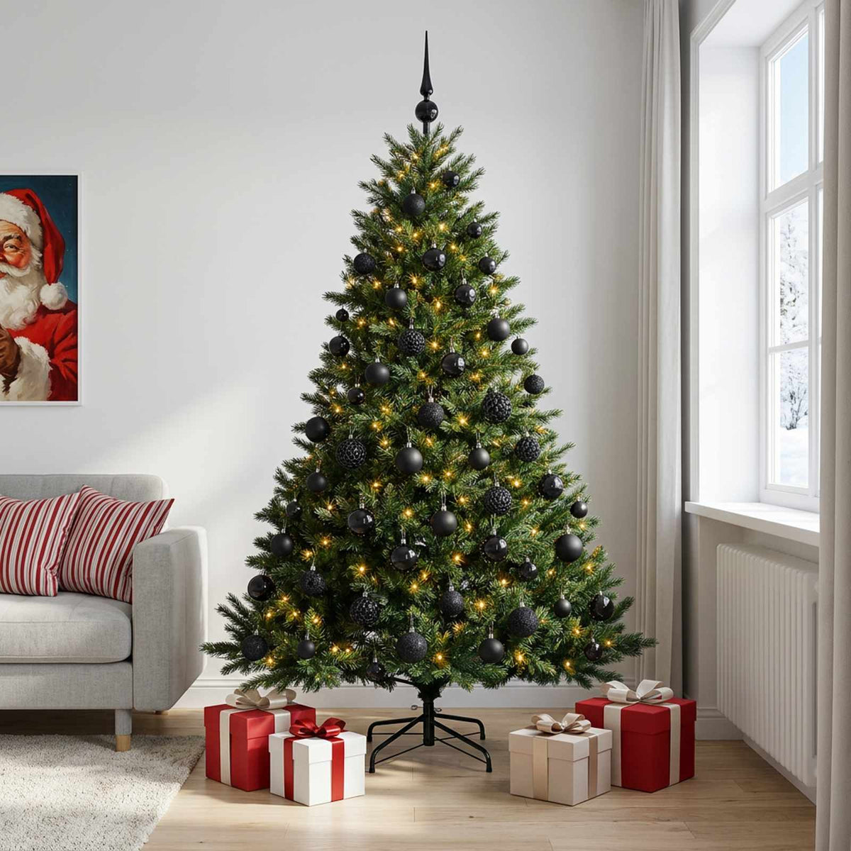 Artificial Christmas Tree Bauble LEDs Green Height black balls