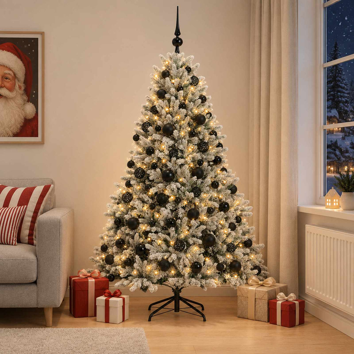 Artificial Christmas Tree with Bauble 300 LEDs Green and White Height 180 cm with LEDs & black balls