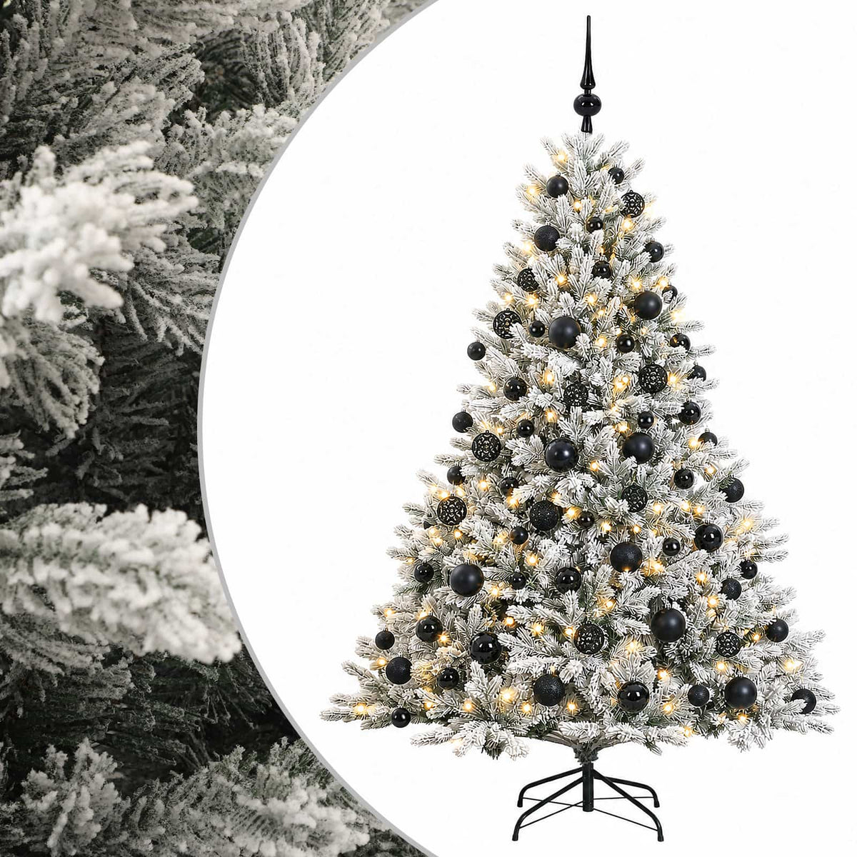 Artificial Christmas Tree with Bauble 300 LEDs Green and White Height 180 cm with LEDs & black balls