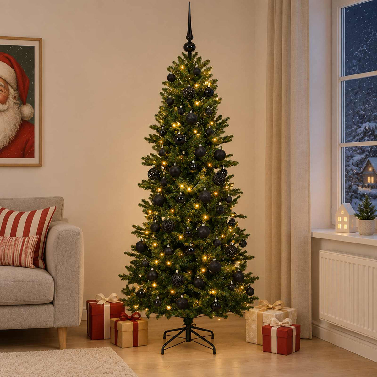 Artificial Christmas Tree with Bauble 300 LEDs Green Height 180 cm with LEDs & black balls