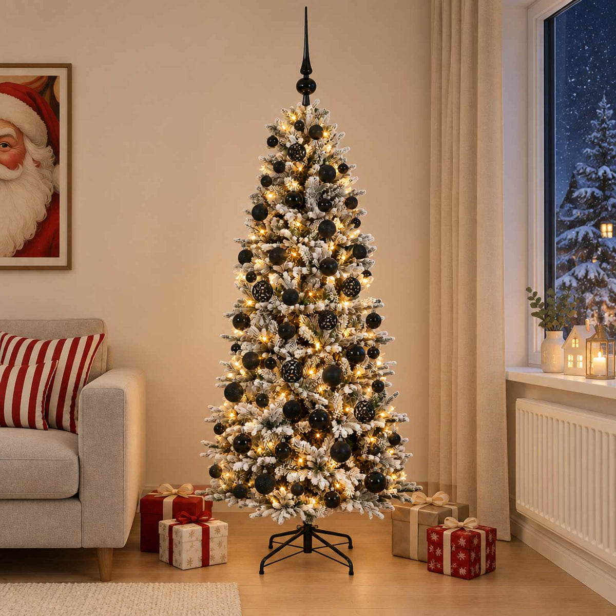 Artificial Christmas Tree with Bauble 300 LEDs Green and White Height 240 cm with LEDs & black balls