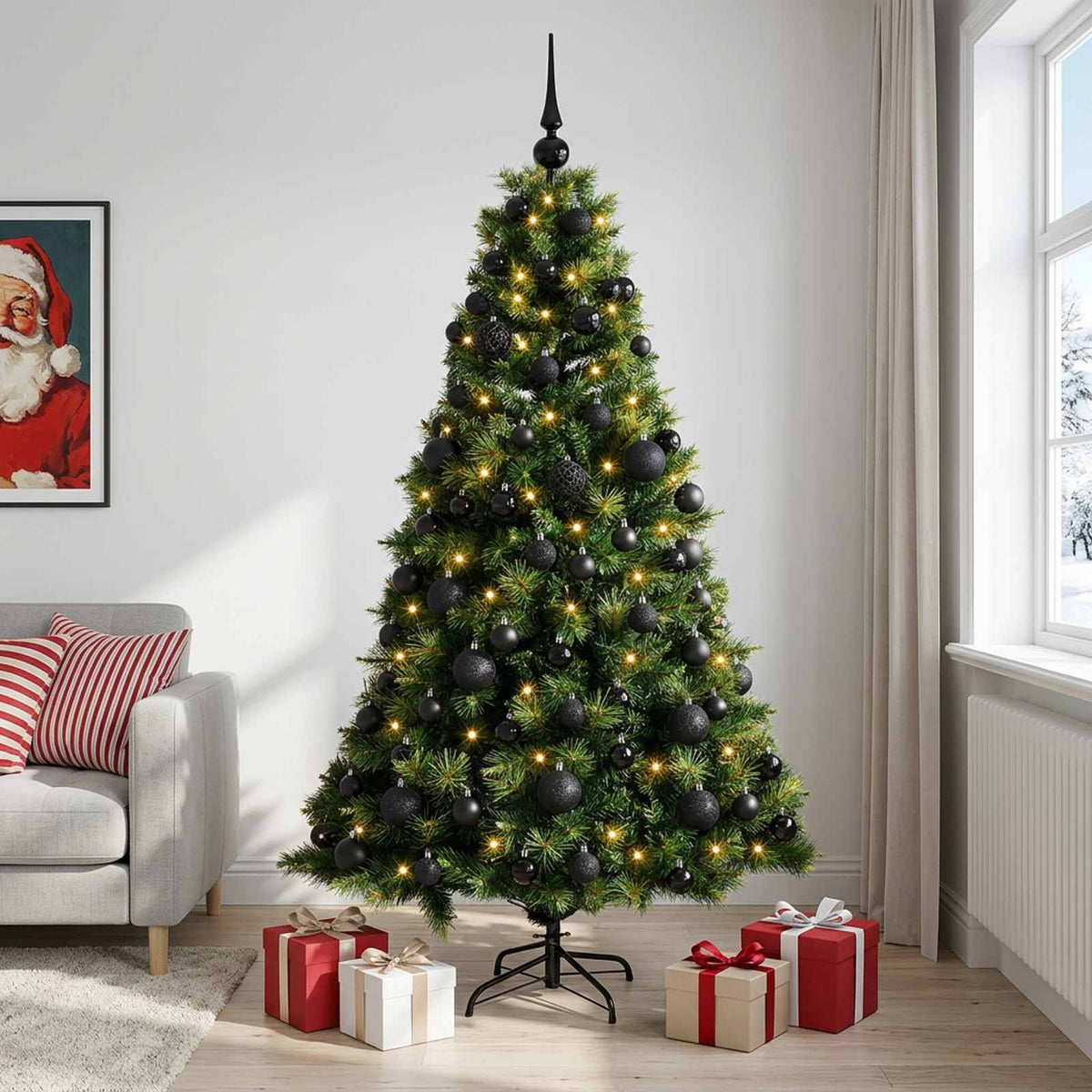Artificial Christmas Tree with Bauble 300 LEDs Green Height 240 cm with LEDs & black balls