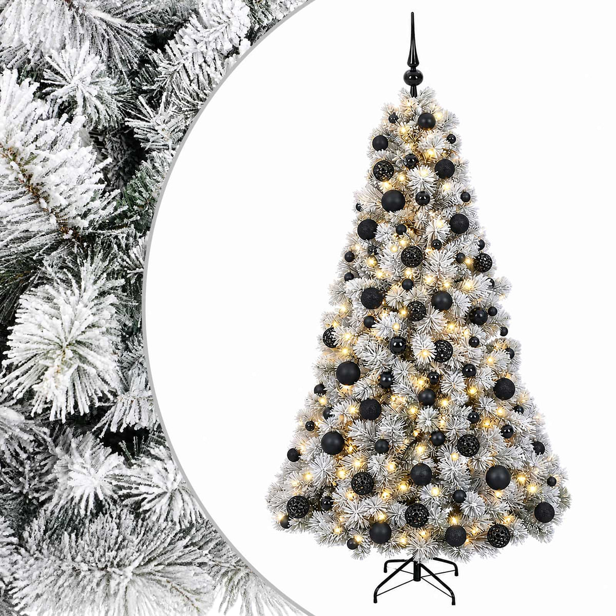 Artificial Christmas Tree with Bauble 300 LEDs Green and White 180 cm with LEDs & black balls