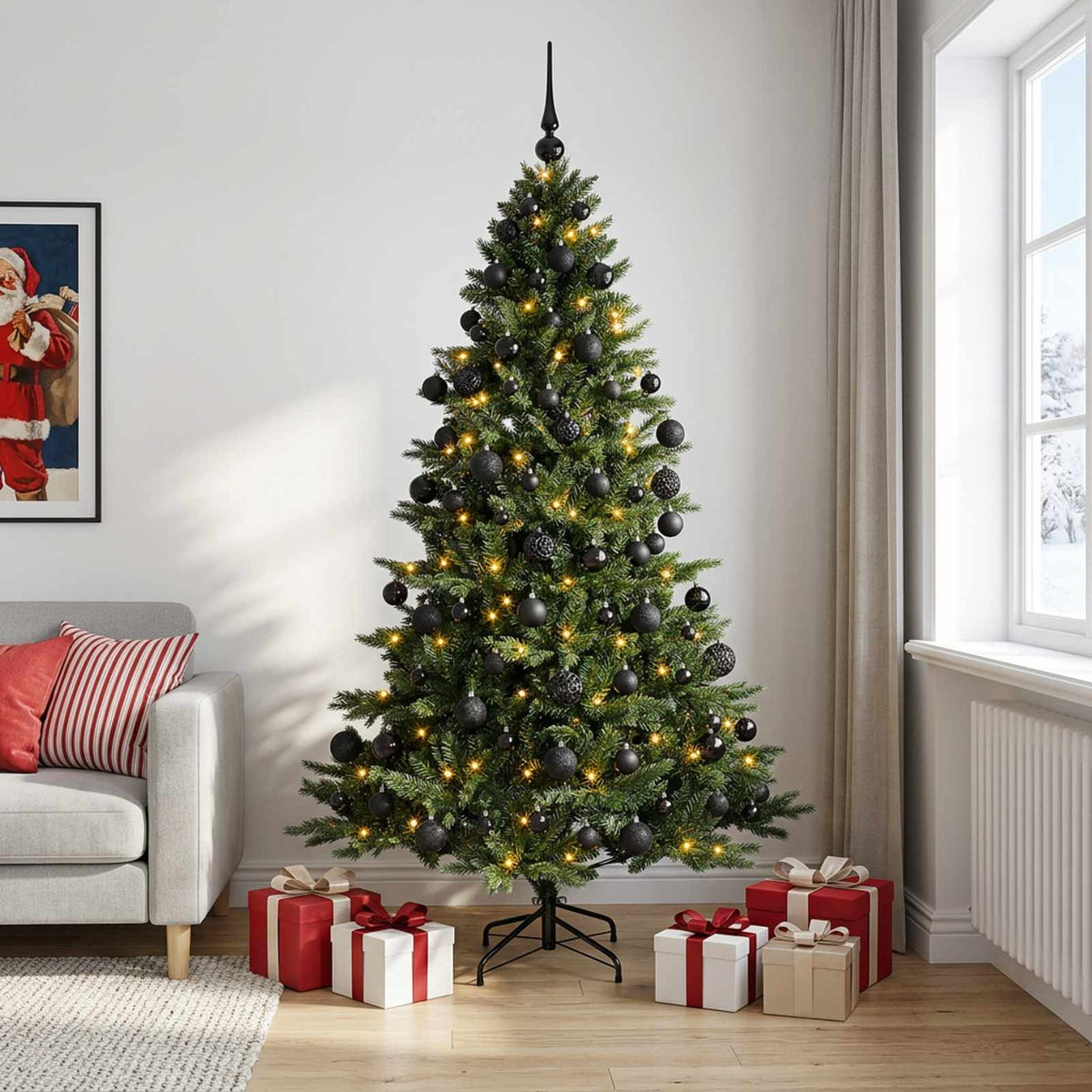 Artificial Christmas Tree with Bauble 300 LEDs Height 210 cm with LEDs & black balls