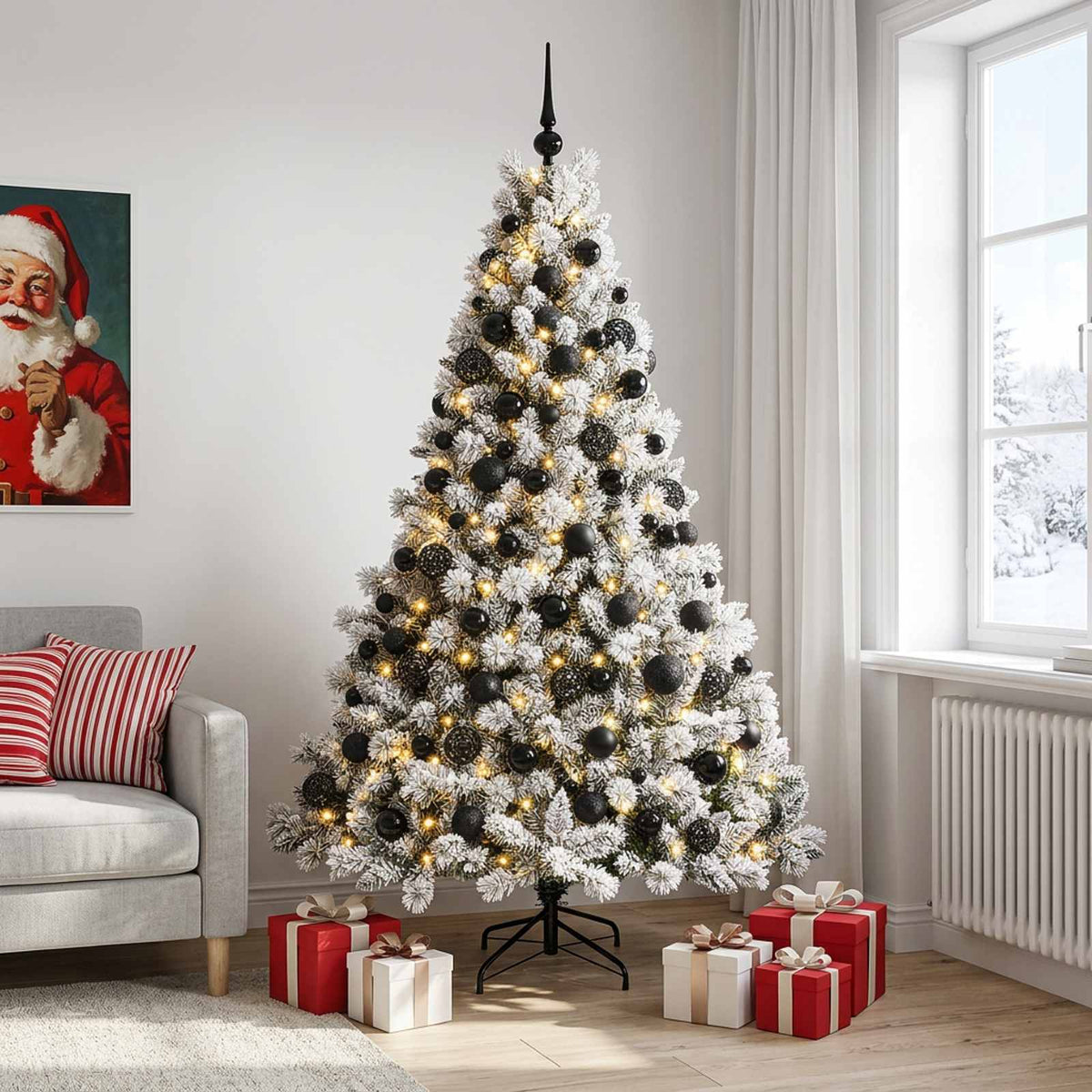 Artificial Christmas Tree Bauble LEDs Green White Height black balls