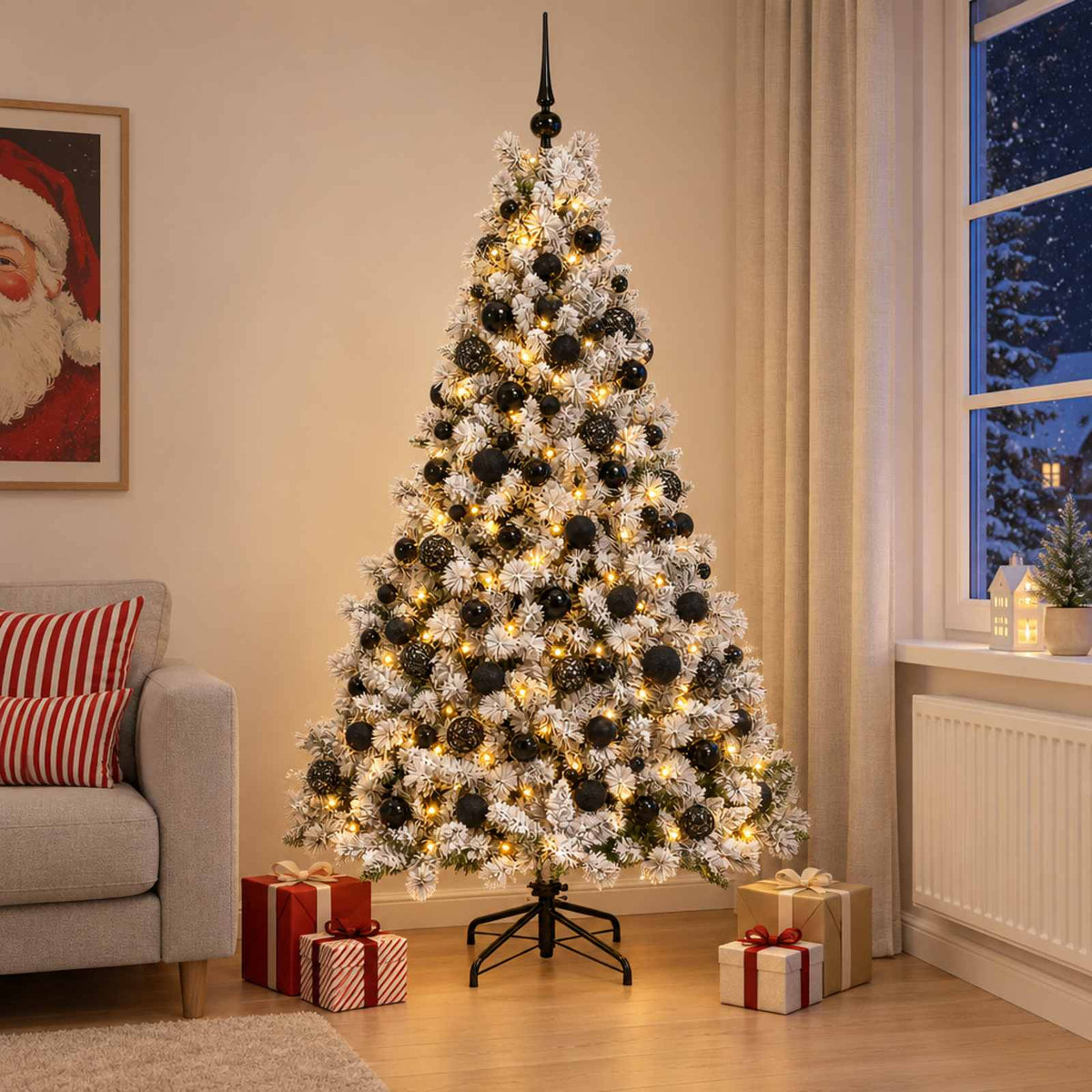 Artificial Christmas Tree with Bauble 300 LEDs Green and White Height 240 cm with LEDs & black balls