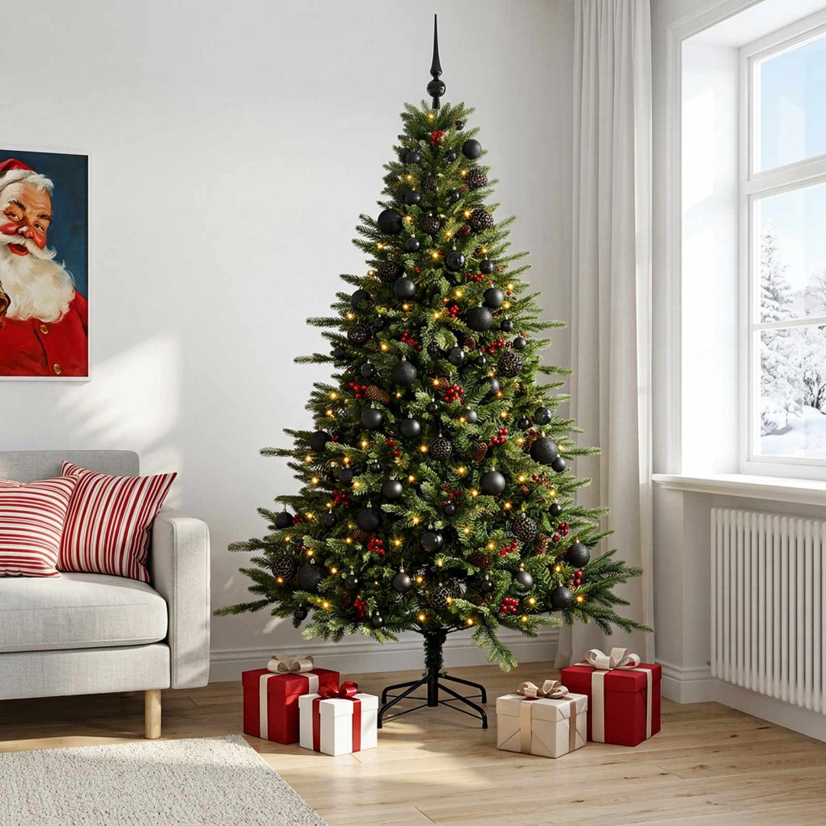 Artificial Christmas Tree Bauble LEDs Green black balls