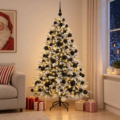 Artificial Christmas Tree with Bauble 300 LEDs Green and White 180 cm with LEDs & black balls