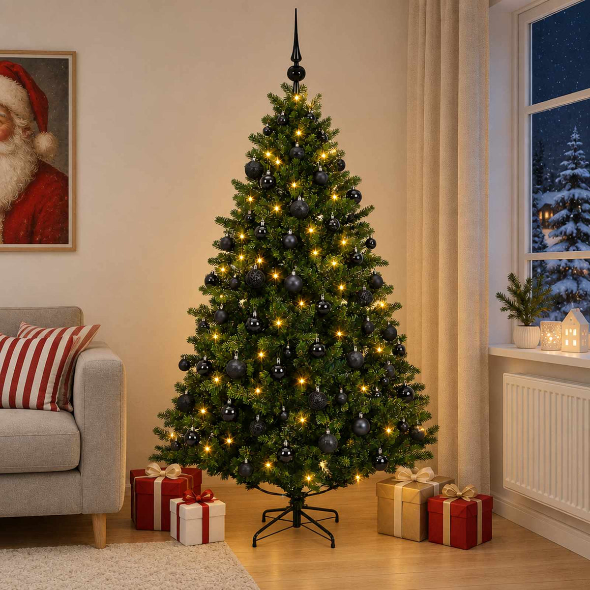 Artificial Christmas Tree with Bauble 300 LEDs Green 180 cm with LEDs & black balls