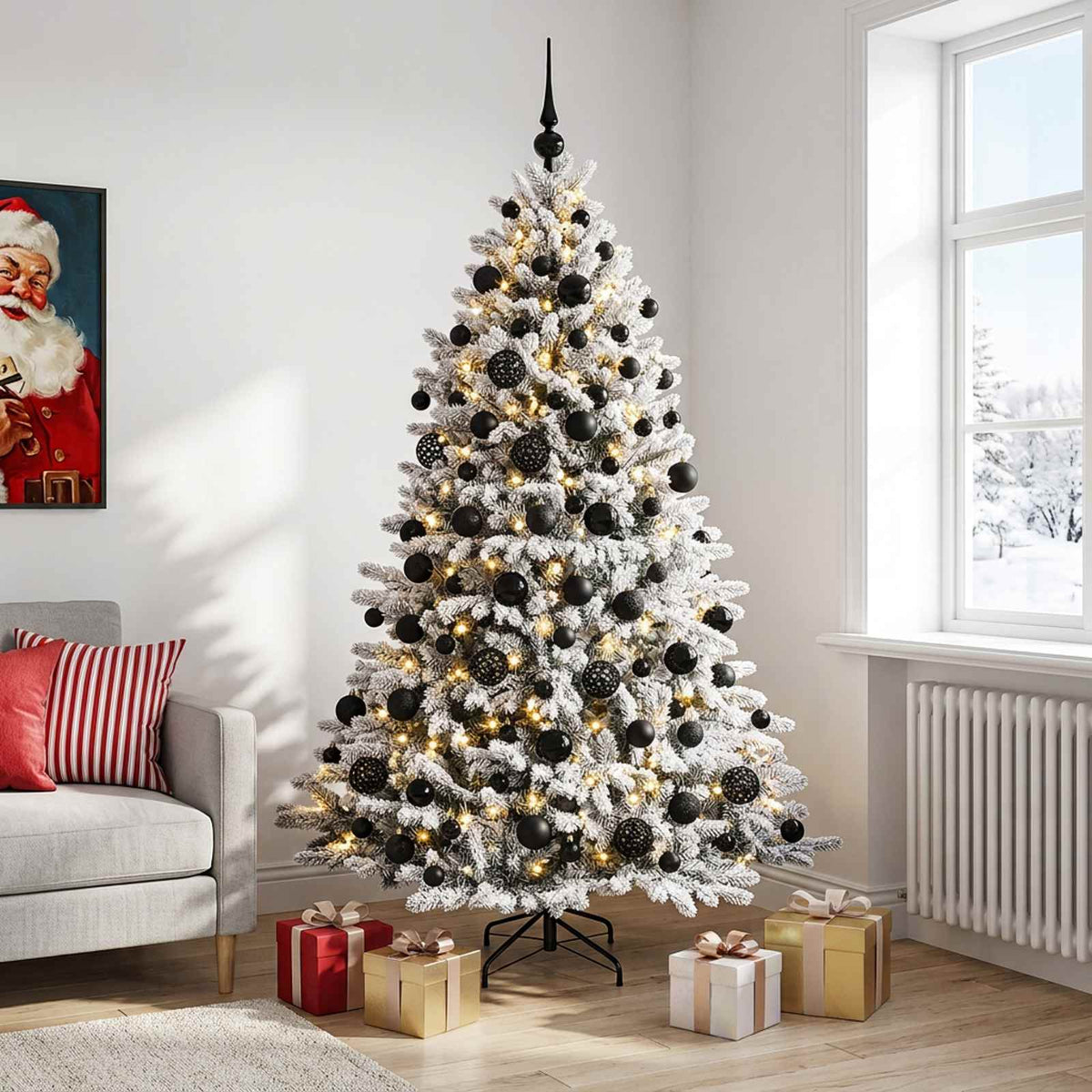 Artificial Christmas Tree with Bauble 300 LEDs Green and white 240 cm with LEDs & black balls