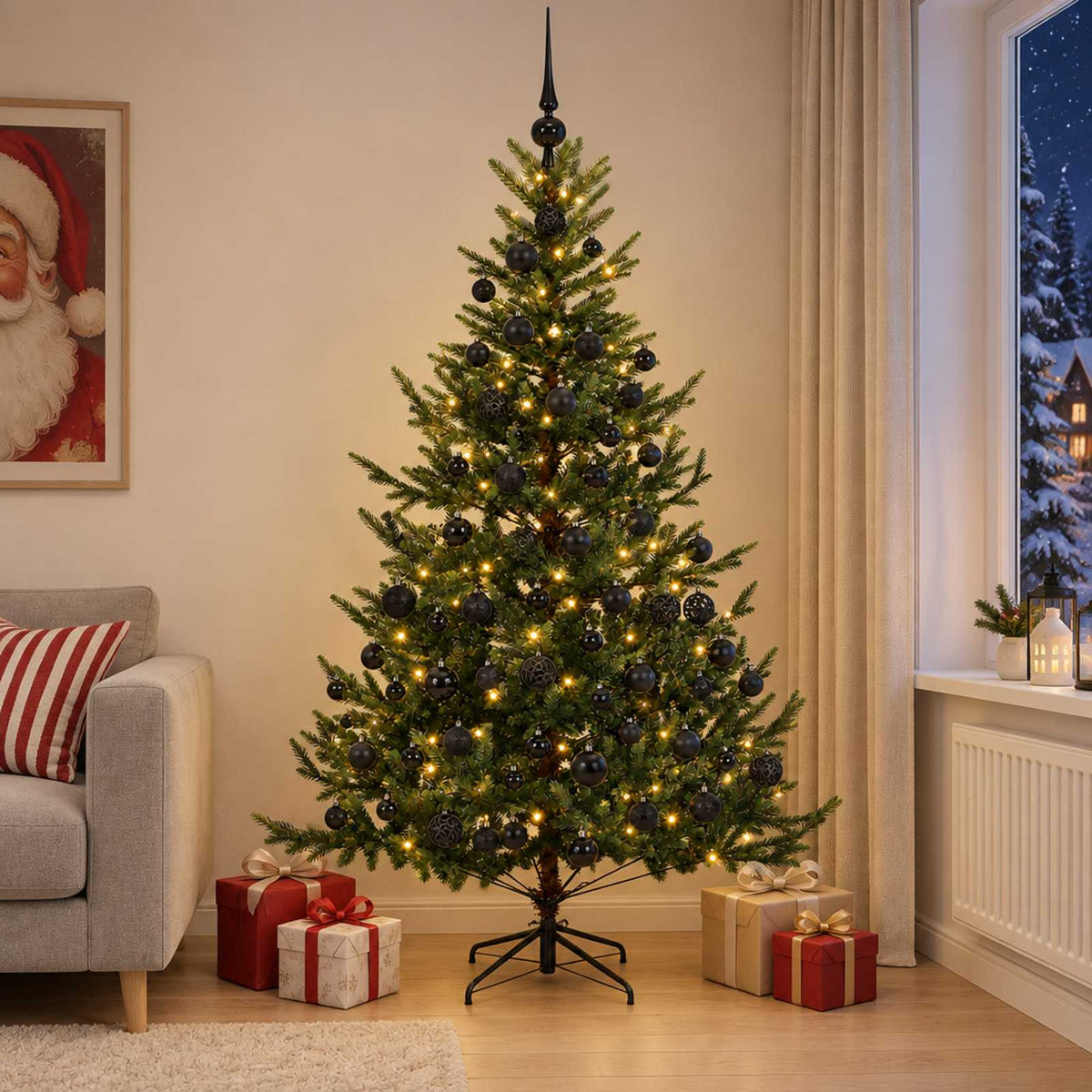 Artificial Christmas Tree with Bauble 300 LEDs Green 180 cm with LEDs & black balls