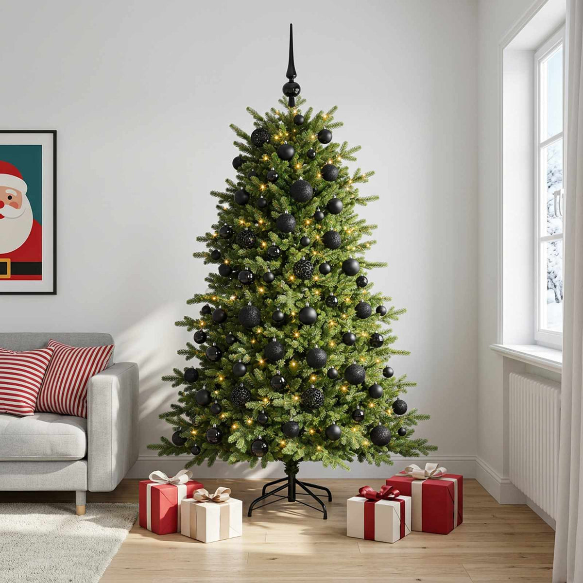 Artificial Christmas Tree with Bauble 300 LEDs 240 cm with LEDs & black balls