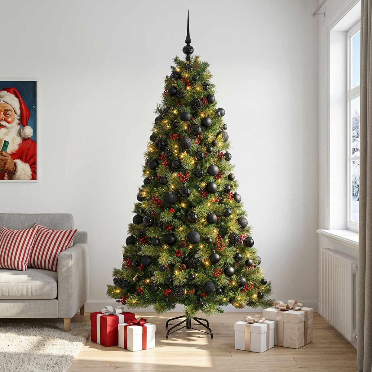 Artificial Christmas Tree with Bauble 300 LEDs 180 cm with LEDs & black balls