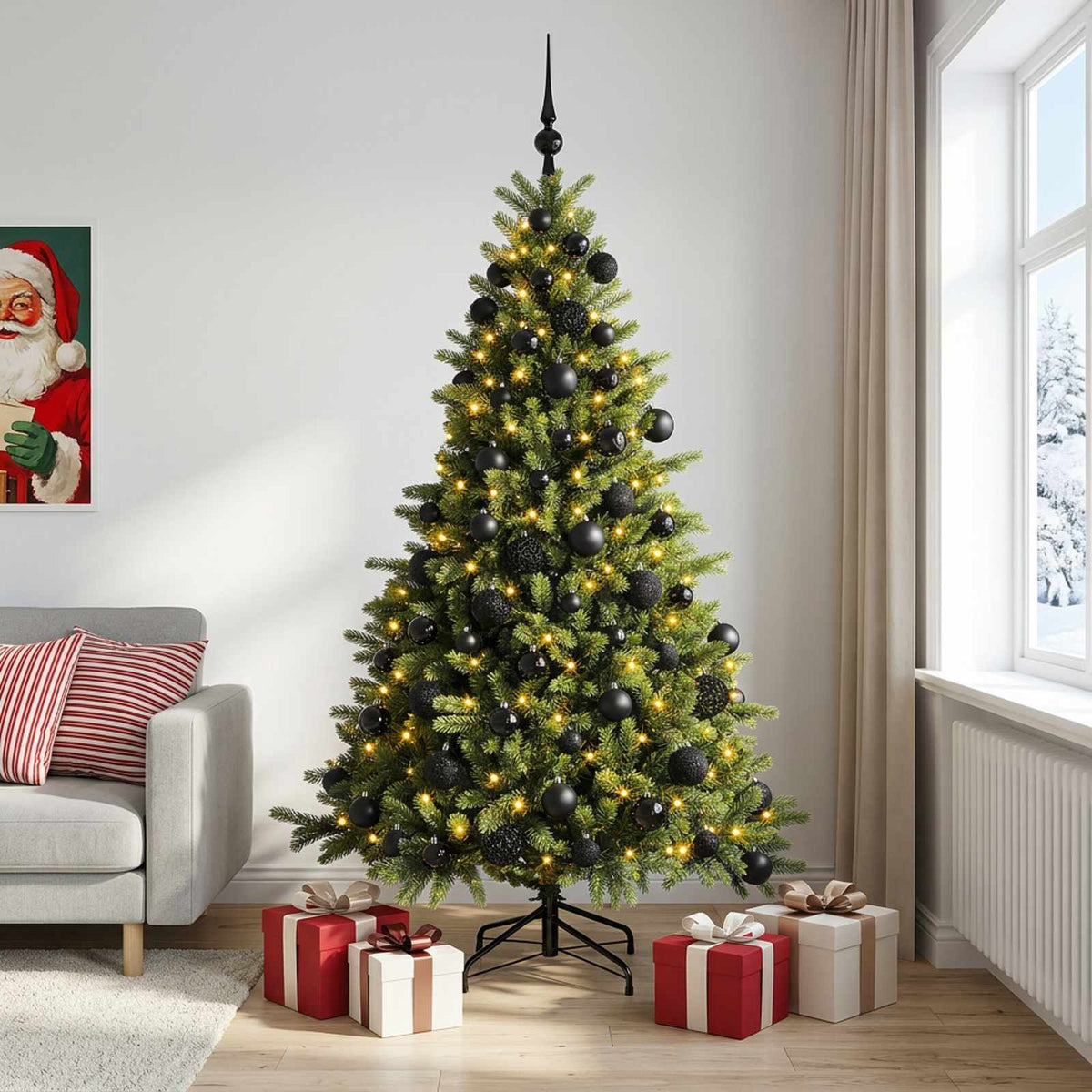 Artificial Christmas Tree with Bauble 300 LEDs 180 cm with LEDs & black balls