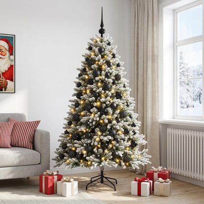 Artificial Christmas Tree with Bauble 150 LEDs Green and white 240 cm with LEDs & black balls