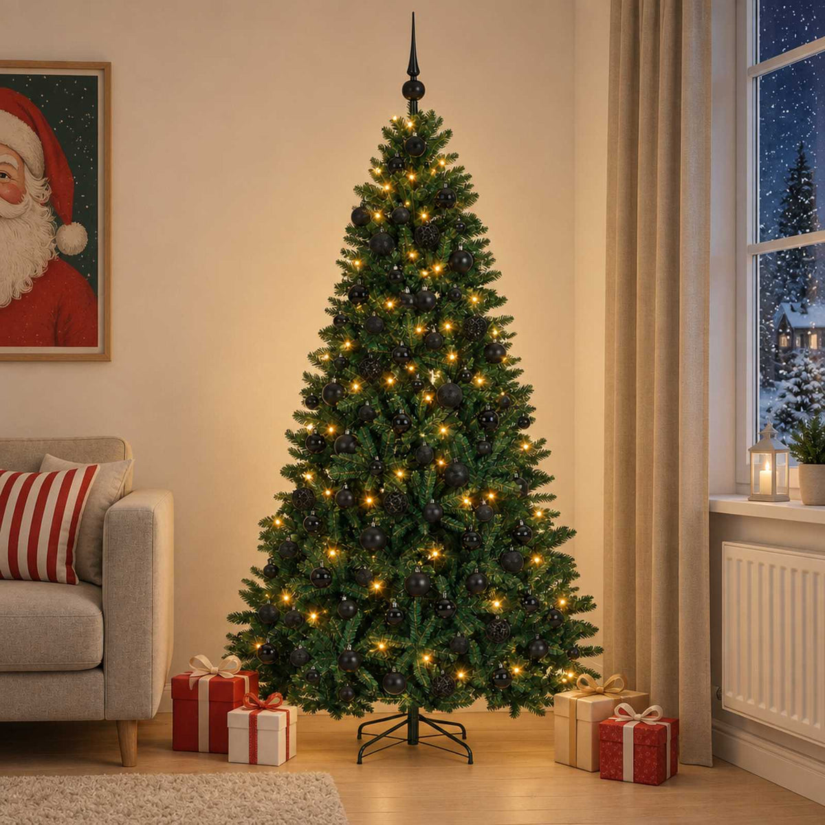 Artificial Christmas Tree with Bauble 210 cm Dark Green Ø 106 x 210 cm with 300 LEDs&black balls