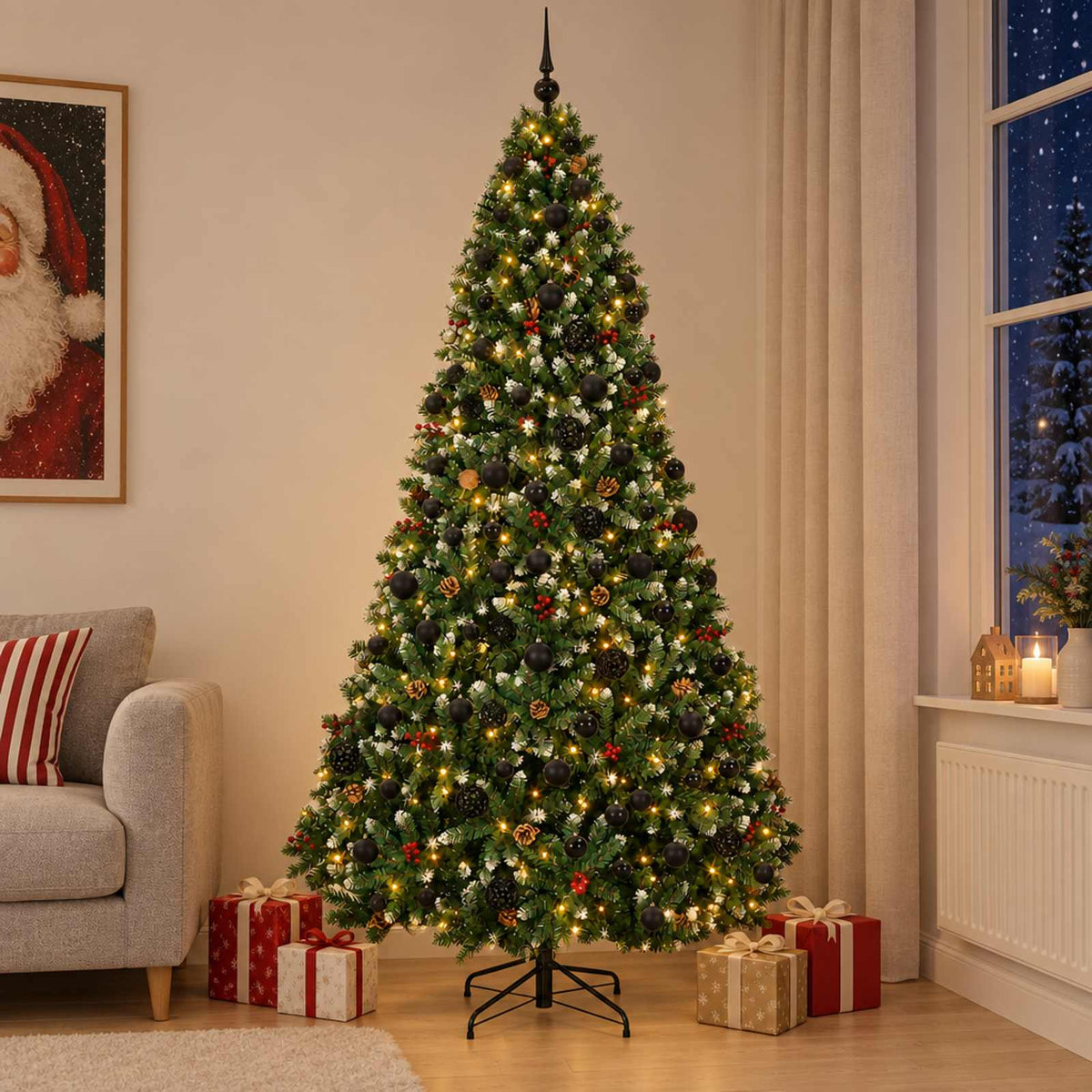 Artificial Christmas Tree Green with Bauble 240 cm 300 LEDs Green with Frosted Tips Ø 120 x 240 cm with 300 LEDs&black balls