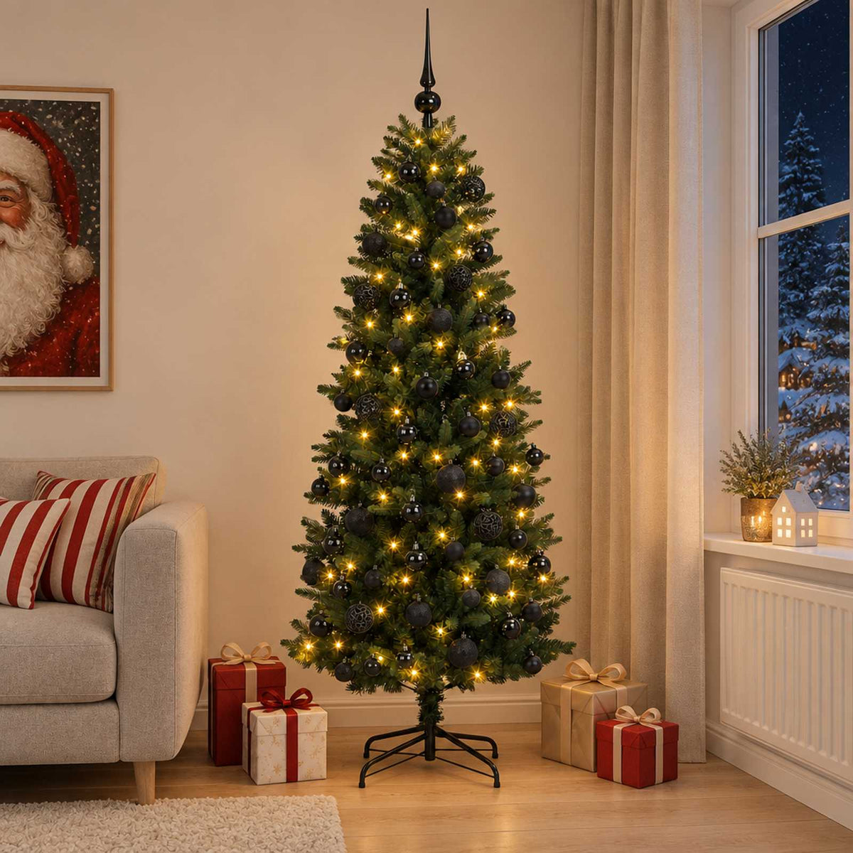 Artificial Christmas Tree Bauble LEDs Green black balls