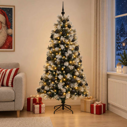 Artificial Hinged Christmas Tree with Baubles 150 LEDs 180 cm with LEDs & black balls