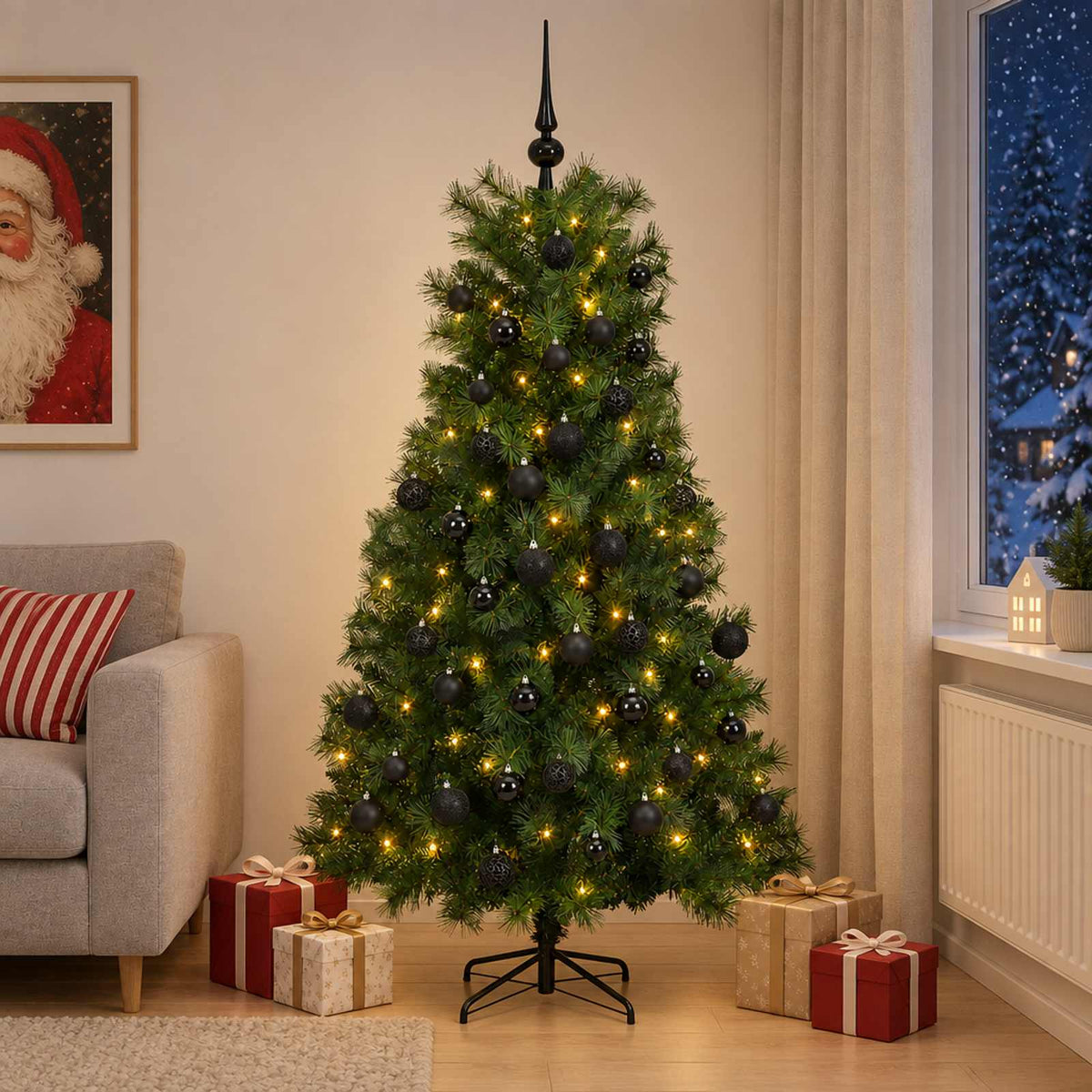 Artificial Hinged Christmas Tree with Baubles 150 LEDs Green 180 cm with LEDs & black balls