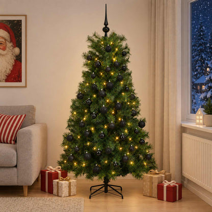 Artificial Hinged Christmas Tree with Baubles 150 LEDs Green 180 cm with LEDs & black balls