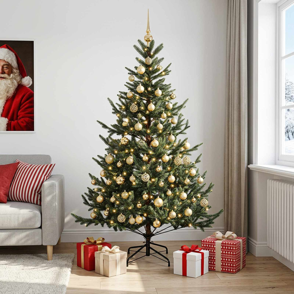 Artificial Christmas Tree with Bauble 300 LEDs Green 180 cm with LEDs & gold balls