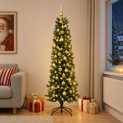 vidaXL Artificial Slim Christmas Tree with Bauble 210 cm 300 LEDs 1