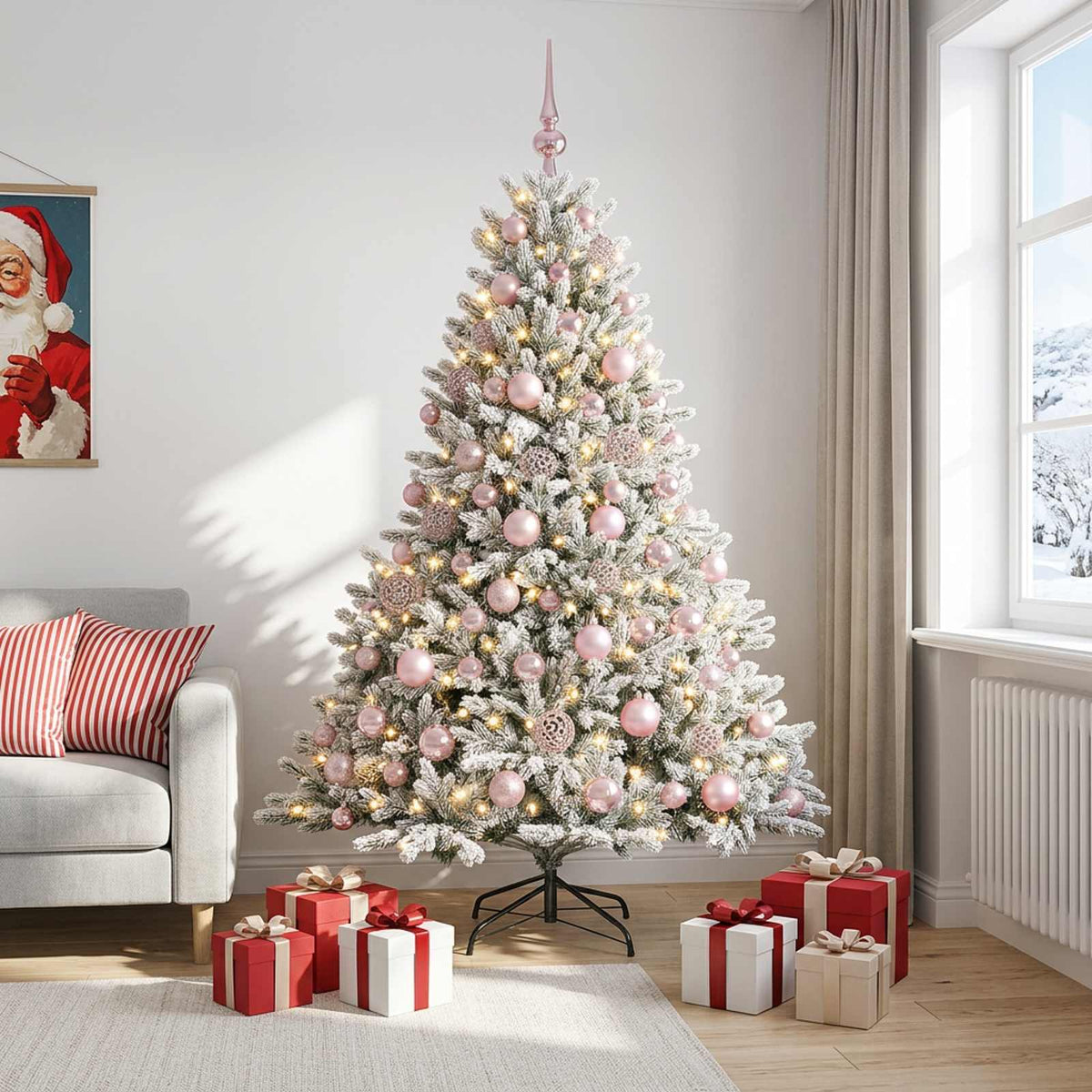 Artificial Christmas Tree with Bauble 300 LEDs Green and White Height 180 cm with LEDs & pink balls