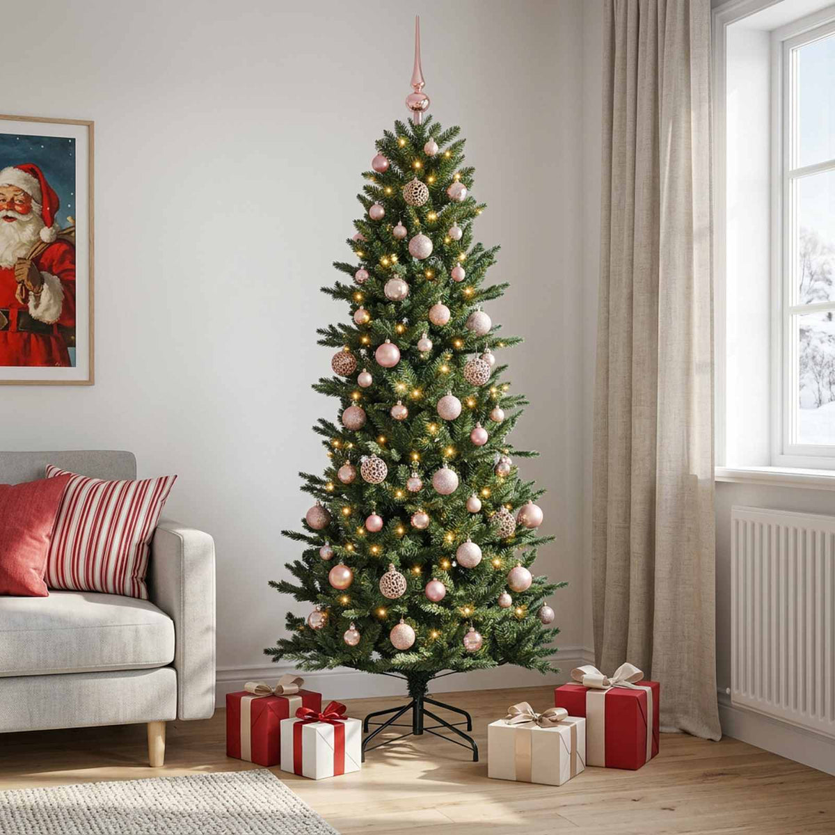 Artificial Christmas Tree with Bauble 300 LEDs Green Height 180 cm with LEDs & pink balls