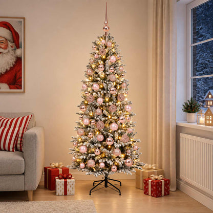Artificial Christmas Tree with Bauble 300 LEDs Green and White Height 240 cm with LEDs & pink balls