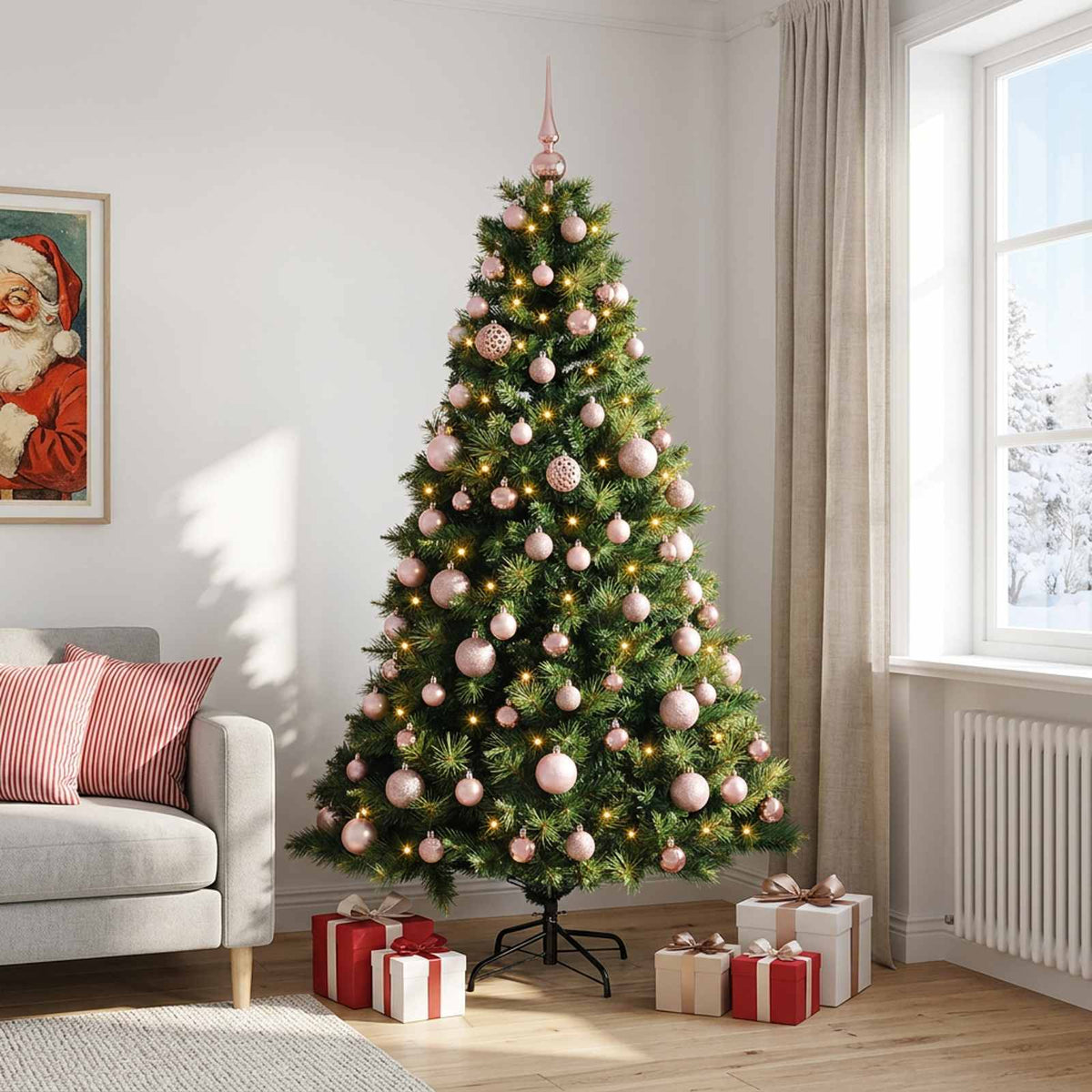 Artificial Christmas Tree with Bauble 300 LEDs Green Height 240 cm with LEDs & pink balls