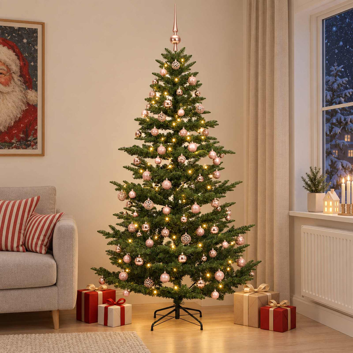 Artificial Christmas Tree Bauble LEDs Green Height pink balls