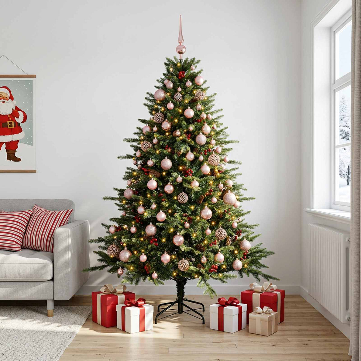 Artificial Christmas Tree with Bauble 300 LEDs Green 210 cm with LEDs & pink balls